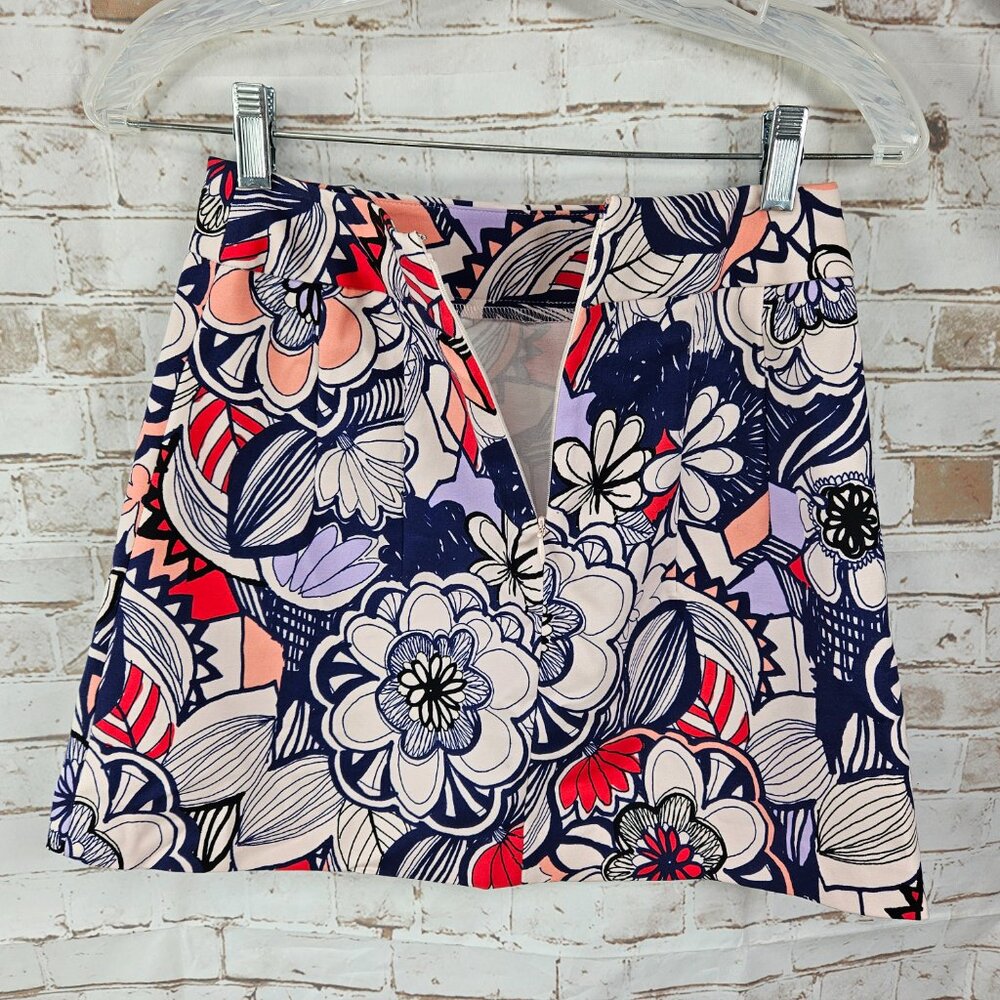 NWT Express Size 0 Pink Blue Retro Floral Print A-Line Mini Skirt Stretch $46.95 - Picture 4 of 8